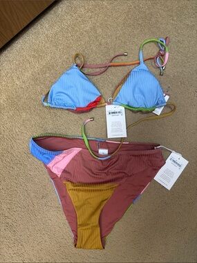 Vitamin A Multi-Color Ribbed Triangle Bikini - Blue, Rust, Mustard, Pink, Green